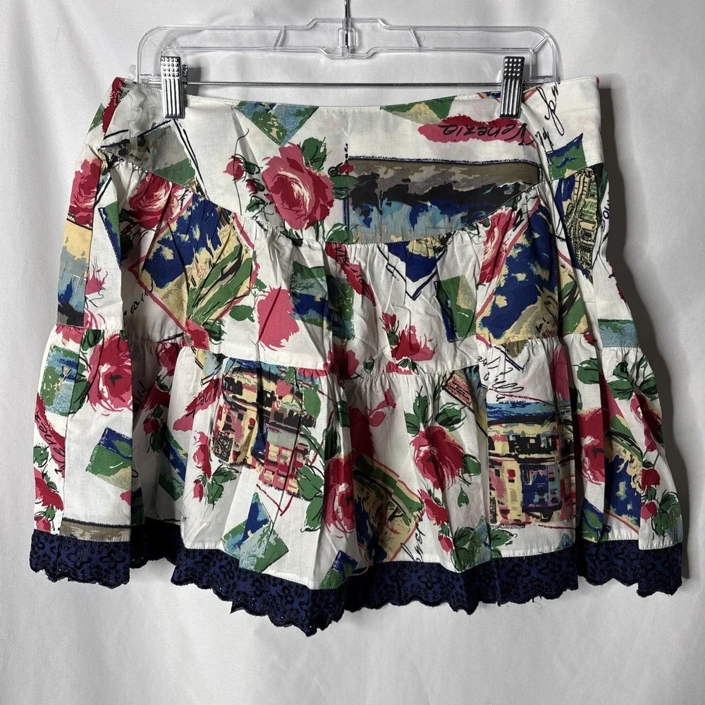 Angie Italy L Ruffle Pleated Mini‎ Skirt Picturesque Flare Floral Travel NEW